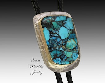 Custom Mohave Turquoise Wedding Bolo Tie in Nickel Silver & Brass, Unique Handcrafted Bolo Tie, Essential Metals Collection