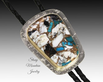 Unique White Buffalo Turquoise Bolo Tie in Nickel Silver & Brass, Handcrafted Custom Wedding Bolo Ties, Essential Metals Collection