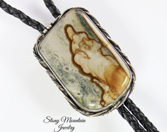 Designer Bolo Tie Picture Jasper Stone Bolo Tie for Men or Women, Unique Custom Wedding Bolo Tie, Handmade Sterling Silver Bolo Ties