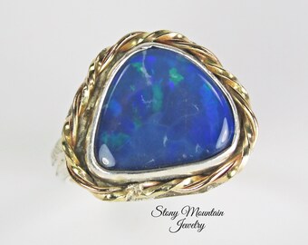 Australian Boulder Opal Ring, Handmade Sterling Silver & 14kt Gold Fill Modern Opal Cocktail Ring Genuine Australian Blue Opal Ring