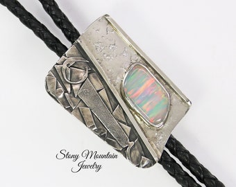 Sterling Silver Bolo Tie, Modern Aurora Opal Bolo Tie, Unique Sculptural Wedding Bolo Tie, One of a Kind Custom Designer Bolo Ties