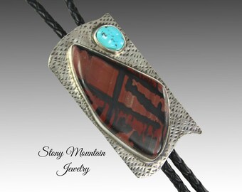Unique Handcrafted Bolo Tie, Rare Indian Paint Jasper & Turquoise Bolo Tie for Men or Women, Sterling Silver Wedding Bolo Ties