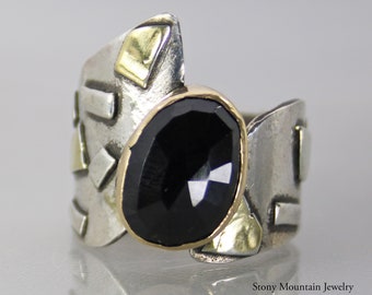 Unique Rose Cut Black Spinel Ring, Modern Spinel Large Cocktail Ring, Contemporary Mixed Metal Rose Cut Spinel Ring, Designer Ring