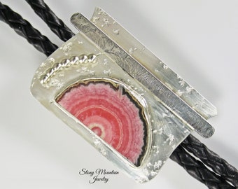 Wedding Bolo Tie, Unique Rhodochrosite Bolo Tie for Men or Women, Handmade Custom Bolo Tie, Modern Sterling Silver & Stone Bolo Tie