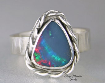 One of a Kind Australian Opal Ring, Handmade Genuine Opal Ring, Unique Sterling Silver Natural Blue Boulder Opal Cocktail Ring