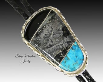 Native Silver Inlay Bolo Tie with Turquoise & Black Jade, Custom Designer Wedding Bolo Ties for Men or Women, Unique Gift