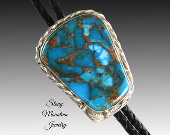 Mohave Blue Turquoise Bolo Tie in Sterling Silver, Custom Handcrafted Wedding Bolo Tie, The Feather Collection
