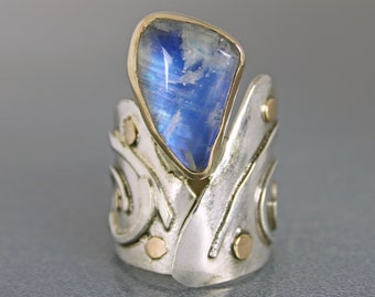 Modern Mixed Metal Moonstone Ring, One of a Kind Cocktail Ring, Contemporary Designer Ring, Unique Wide Band Statement Ring