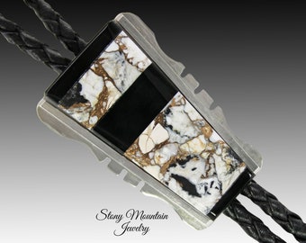 Matrix White Buffalo Bolo Tie with Black Jade Inlay, One of a Kind Sterling Silver Wedding Bolo Tie, Unique Custom Designer Bolo Ties