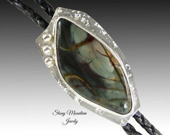 One of a Kind Wedding Bolo Tie, Handcrafted Morrisonite Jasper Bolo Tie for Men or Women, Unique Custom Sterling Silver Designer Bolo Ties