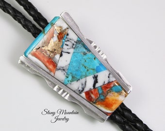 Turquoise Inlay Bolo Tie with Spiny Oyster & White Buffalo, One of a Kind Sterling Silver Wedding Bolo Tie, Unique CustomDesigner Bolo Ties