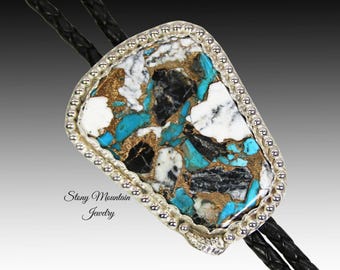 White Buffalo & Turquoise Bolo Tie, Custom Handcrafted Wedding Bolo Tie, Kingman Turquoise/Matrix White Buffalo  Bolo Tie