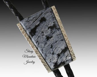 Stone Bolo Tie, Handcrafted Snowflake Obsidian Bolo Tie for Men & Women, Unique Wedding Bolo Tie, The Frontier Collection