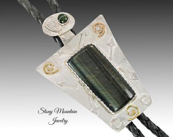 Hawkseye Bolo Tie with Konerupine, Handrafted Sterling Silver/14kt Gold Wedding Bolo Tie, Unique Custom Designer Bolo Ties for Men or Women