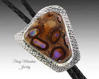 Unique Custom Wedding Bolo Tie, Handcrafted Boulder Opal Designer Bolo Tie, One of a Kind Sterling Silver Bolo Ties for Men or Women