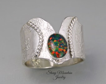 Australian Black Opal Ring, Handmade Genuine Australian Opal Ring, Unique Sterling Silver Natural Opal Cocktail Ring