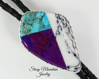 Turquoise Inlay Bolo Tie with Faux White Buffalo and Faux Sugilite, Unique Wedding Bolo Ties, One of a Kind Handmade Designer Bolo Tie