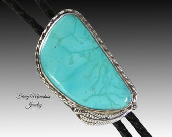 Blue Heron Turquoise Bolo Tie, Unique Wedding Bolo Tie, Modern Handcrafted Sterling Silver Designer Bolo Ties for Men & Women, Western Tie