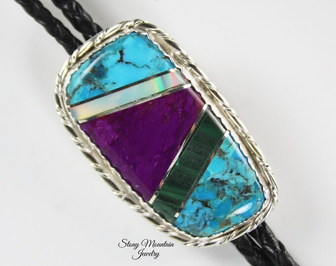 Featured listing image: Turquoise Inlay Bolo Tie with Sugilite Malachite & Opal, Unique Wedding Bolo Tie, One of a Kind Handmade Designer Intarsia Bolo Ties