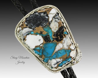White Buffalo & Turquoise Bolo Tie, Custom Handcrafted Wedding Bolo Tie, Kingman Turquoise/White Buffalo Matrix Bolo Tie for Men or Women