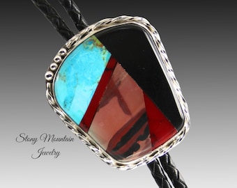 Custom Inlay Bolo Tie, Designer Bolo Tie with Paint Jasper, Turquoise & Black Jade, One of a Kind Wedding Bolo Tie, Fathers Day Gift