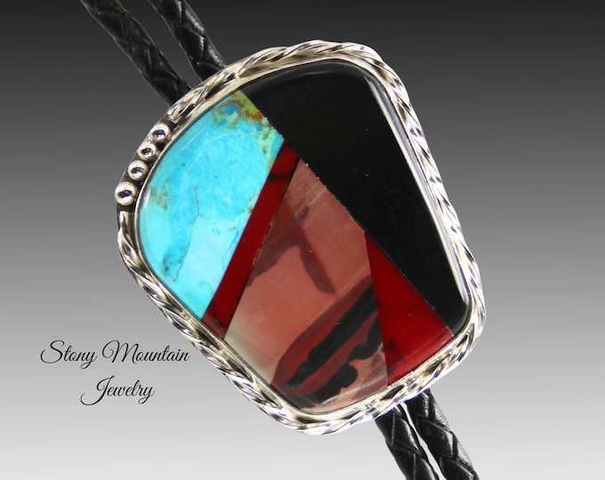 Featured listing image: Custom Inlay Bolo Tie, Designer Bolo Tie with Paint Jasper, Turquoise & Black Jade, One of a Kind Wedding Bolo Tie, Fathers Day Gift