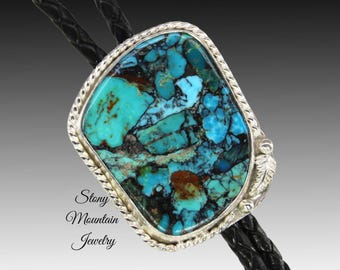 Mohave Blue Turquoise Bolo Tie in Sterling Silver, Custom Handcrafted Wedding Bolo Tie, The Feather Collection