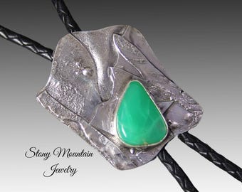 Unique Sculptural Sterling Silver Wedding Bolo Tie, One of a Kind Handcrafted Modern Custom Chrysoprase Bolo Tie for Men & Women