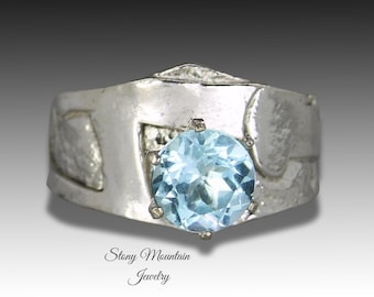 Blue Topaz Ring, Modern Sculptural Blue Topaz Designer Ring, Contemporary Handmade Anniversary Gift for Her, Unique Wide Band Wedding Ring