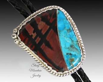 Custom Inlay Bolo Tie, Designer Bolo Tie with Paint Jasper, Turquoise & Sterling Silver, One of a Kind Wedding Bolo Tie, Western Gift