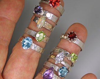 Mixed Metal Rings, Blue Topaz Ring, Peridot Ring, Amethyst Ring, Garnet Ring, Fire Opal Ring, CZ Ring, Textured Silver Bands with 14kt Gold