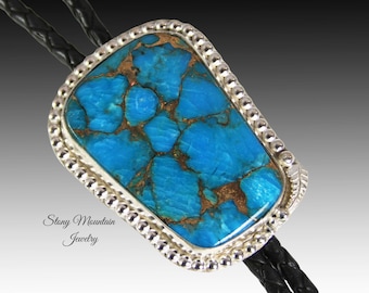 Mohave Blue Turquoise Bolo Tie, Custom Handcrafted Wedding Bolo Tie, Kingman Turquoise Matrix Stone Bolo Tie for Men or Women