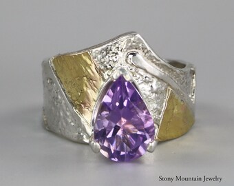 Amethyst Ring, One of a Kind Amethyst Ring, Contemporary Artistic Mixed Metal Wide Purple Amethyst Ring, Elegant Designer Cocktail Ring