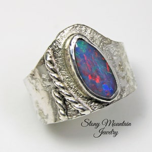 Australian Boulder Opal Ring, Handmade Genuine Australian Opal Ring, Unique Sterling Silver Natural Blue Opal Cocktail Ring