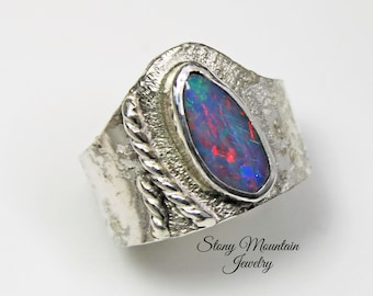Australian Boulder Opal Ring, Handmade Genuine Australian Opal Ring, Unique Sterling Silver Natural Blue Opal Cocktail Ring