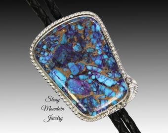 Mohave Purple Turquoise Bolo Tie in Sterling Silver, Modern Western Wedding Bolo Tie, Custom Designed, The Feather Collection