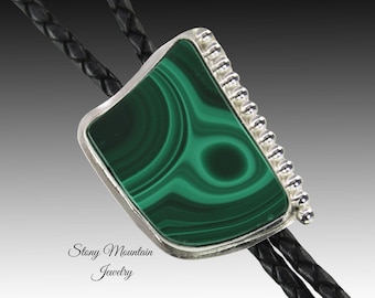Unique Custom Wedding Bolo Tie, Modern One of a Kind Handcrafted Malachite Designer Bolo Tie, Sterling Silver Bolo Tie Men or Women