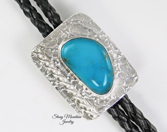 Turquoise Bolo Tie, One of a Kind Custom Wedding Bolo Tie, Small Handmade Pinto Valley Turquoise Sterling Silver Bolo Ties for Men & Women