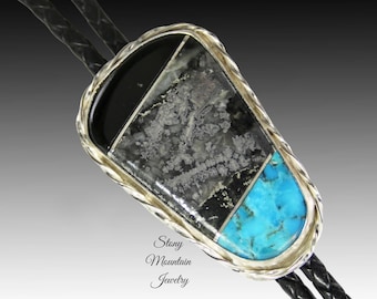Native Silver Inlay Bolo Tie with Turquoise & Black Jade, Custom Designer Wedding Bolo Ties for Men or Women, Unique Gift