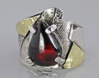 Garnet Ring, One of a Kind Red Garnet Ring, Contemporary Artistic Mixed Metal Wide Garnet Cabochon Ring, Elegant Designer Cocktail Ring