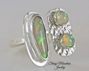 Australian Opal Ring, Handmade Australian White Opal Ring, Unique Opal Statement Ring, Sterling Silver Multi Stone Opal Ring