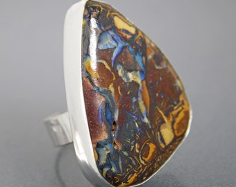 Australian Opal Ring Unique Large Boulder Opal Ring, Adjustable Sterling Silver Opal Cocktail Ring, Modern Big Stone Ring