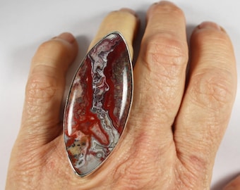 Large Stone Ring, Red Crazy Lace Agate Cocktail Ring, Large Natural Stone Statement Ring, Sterling Silver Big Stone Ring