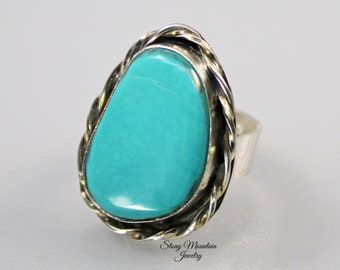 Large Turquoise Ring, Artistic Handmade Sonoran Turquoise Ring, Modern Sterling Silver Wide Band Turquoise Cocktail Ring