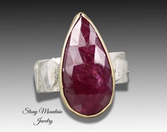 Rose Cut Ruby Ring, One of a Kind Large Ruby Cocktail Ring, Contemporary Modern Mixed Metal Designer Ring, Unique Large Wide Statement Ring