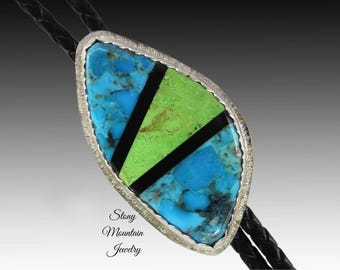 Custom Turquosie Inlay Bolo Tie, Designer Bolo Tie with Gaspiete, Turquoise & Black Jade, One of a Kind Wedding Bolo Tie, Fathers Day Gift