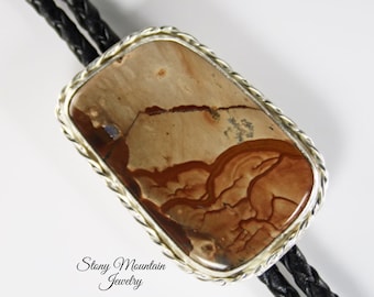 Designer Bolo Tie Handmade Biggs Picture Jasper Bolo Tie, Custom Wedding Bolo Tie, Sterling Silver Bolo Ties for Men or Women Western Bolo