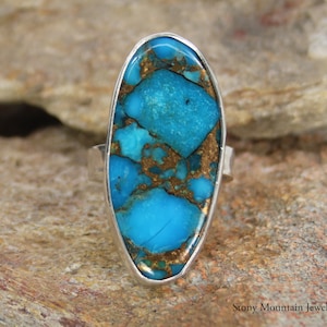 Kingman Turquoise Ring, Big Turquoise & Bronze Matrix Gemstone Ring, Handcrafted Adjustable Size Wide Band Ring