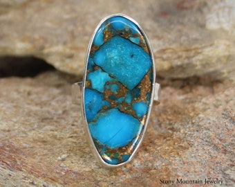 Kingman Turquoise Ring, One of a Kind Large Stone Ring, Handmade Adjustable Wide Band Ring, Big Turquoise & Bronze Cocktail Ring