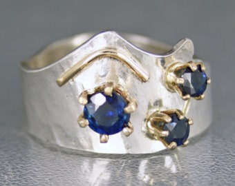 Genuine Sapphire Ring, One of a Kind Blue Sapphire Designer Ring, Artistic Elegant Multi Stone Mixed Metal Cocktail Ring